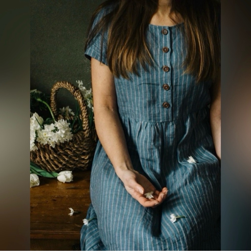 Striped Teal Button-Front Midi Dress with Short Sleeves